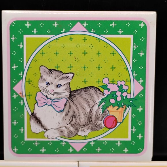 cat design Orient ceramic tiles coasters set of 3 Chadwick Miller Inc Taiwan 80s - Picture 4 of 13